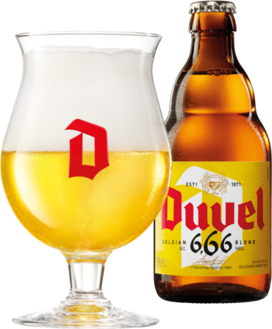 Duvel 666 bier in glas en flesjes op tafel met een 666 neon lamp erachter